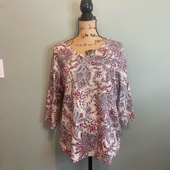 NWT Karen Scott Womens Paisley Boho Chic V-Neck Tunic Casual Blouse Cream Red 0X - Picture 1 of 6